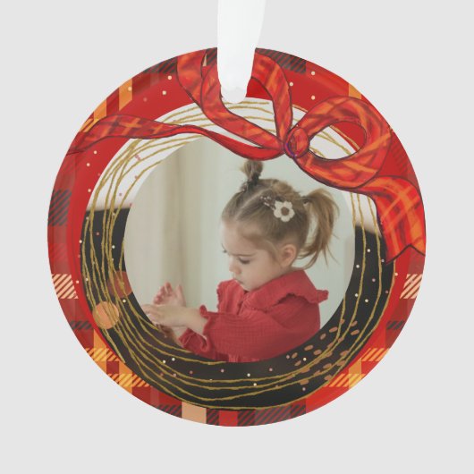 Red Plaid Photo Ornament with Hand-Drawn Ribbon (voorkant)
