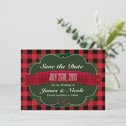 Red Plaid & Pinecones Rustic Country Invitation (Debout devant)