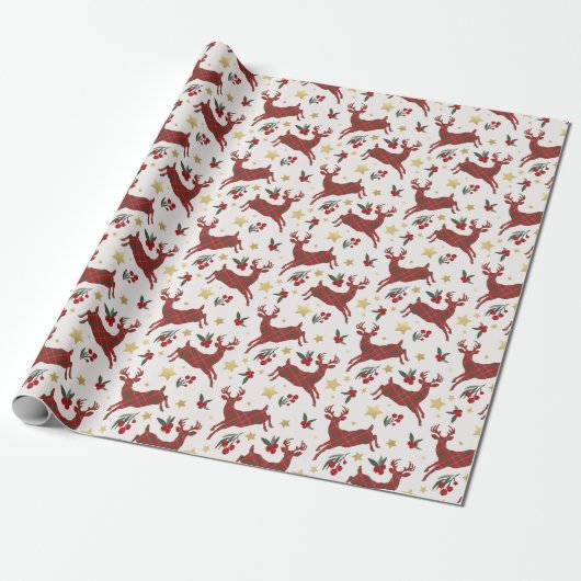 Red Plaid Rendier Christmas Wrapping Paper Cadeaupapier (Uitgerold)