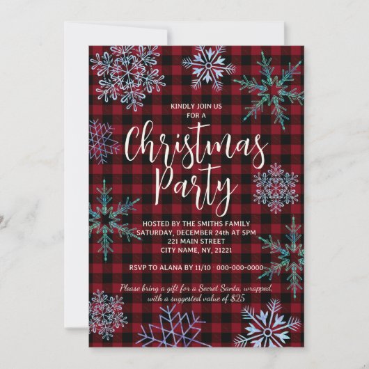 Red Plaid Snowflakes Kerstfeest Kaart (Voorkant)