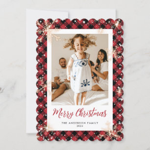 Red Plaid Sparkly Snowflakes Foto Vrolijk Kerstfee Feestdagenkaart