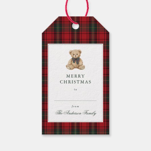 Red Plaid Teddy Bear Christmas Cadeaulabel (Voorkant)