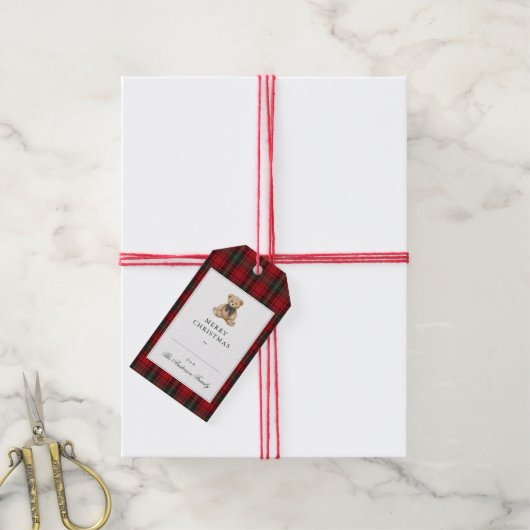 Red Plaid Teddy Bear Christmas Cadeaulabel (Met Touw)