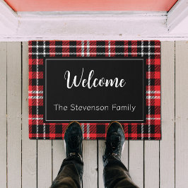 Red Plaid Welkom Monogrammed familienaam Deurmat