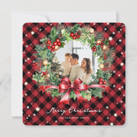 Red Plaid Wreath Stars Photo Joyeuse carte de Noël (Devant)
