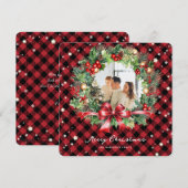 Red Plaid Wreath Stars Photo Joyeuse carte de Noël (Devant / Derrière)