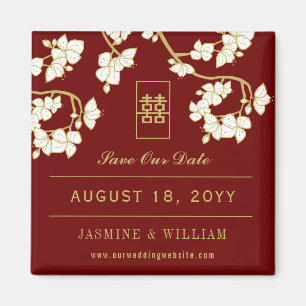Red Plum Blossom Chic Asian Wedding Save the Date Magneet