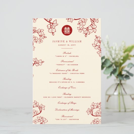 Red Plum Blossom Double Happiness Wedding Programm (Staand voorkant)