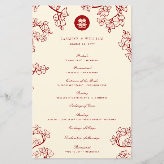 Red Plum Blossom Double Happiness Wedding Programm (Voorkant)