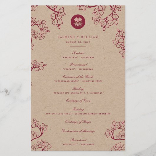 Red Plum Blossom Double Happiness Wedding Programm (Voorkant)