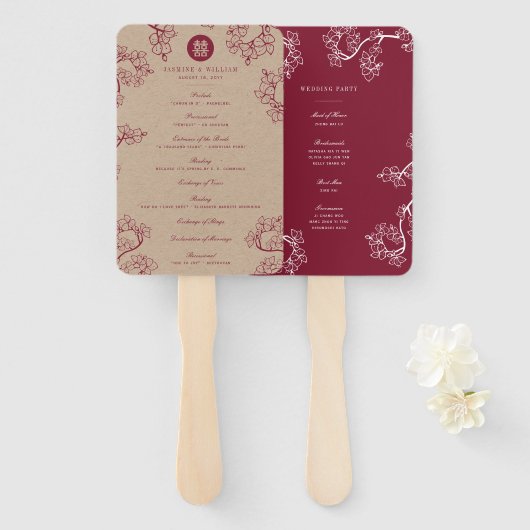 Red Plum Blossom Double Happiness Wedding Programm Handwaaier (Voorkant en achterkant)