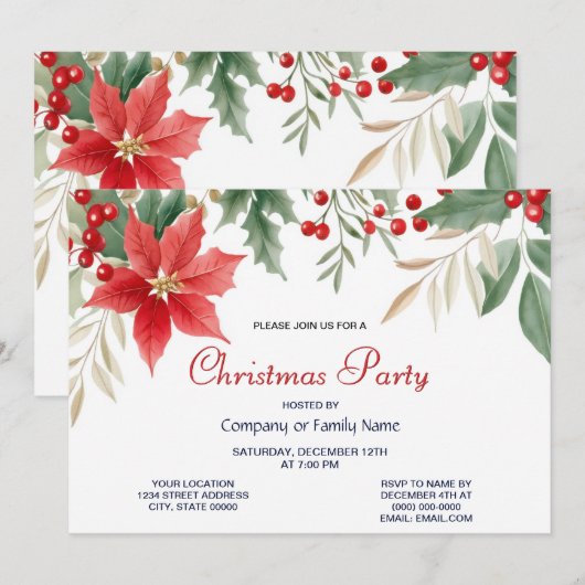 Red Poinsettia Christmas Party Invitation (Devant / Derrière)