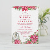 Red Poinsettia en Lantern Winter Wedding Kaart (Staand voorkant)