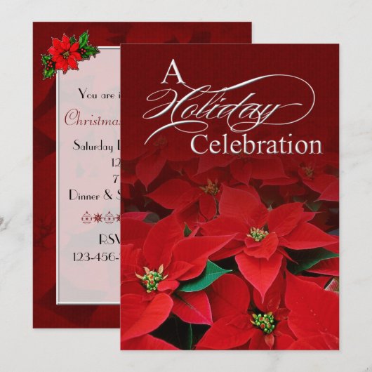 Red Poinsettia Fête Invitation (Devant / Derrière)