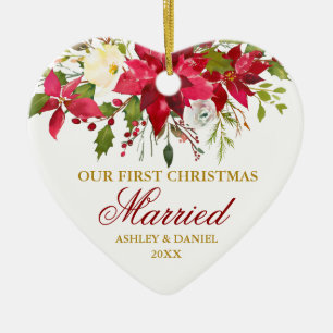 Red Poinsettia Floral Gold First Kersthuwelijk Keramisch Ornament
