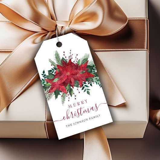 Red Poinsettia Floral Script Kerstmis Cadeaulabel