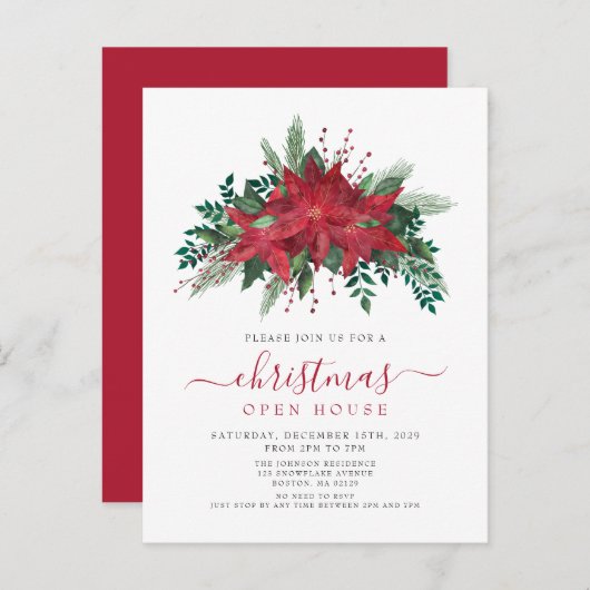 Red Poinsettia Floral Script Kerstmis Open House Uitnodiging Briefkaart (Voorkant / Achterkant)