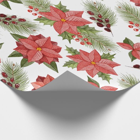 Red Poinsettia Flowers en Holly Berries Cadeaupapier (Hoek)