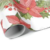 Red Poinsettia Flowers en Holly Berries Cadeaupapier (Rol Hoek)