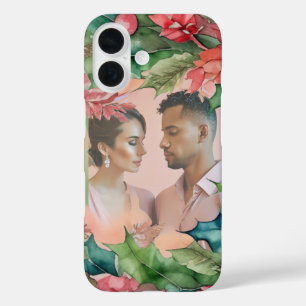 Red Poinsettia Green Holly Christmas Familiefoto iPhone 16 Hoesje