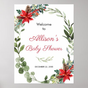 Red poinsettia greenery baby shower welkom poster
