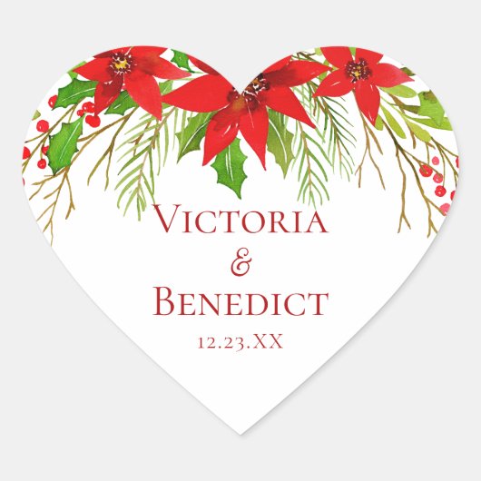 Red Poinsettia Holiday Wedding gepersonaliseerd Hart Sticker (Voorkant)
