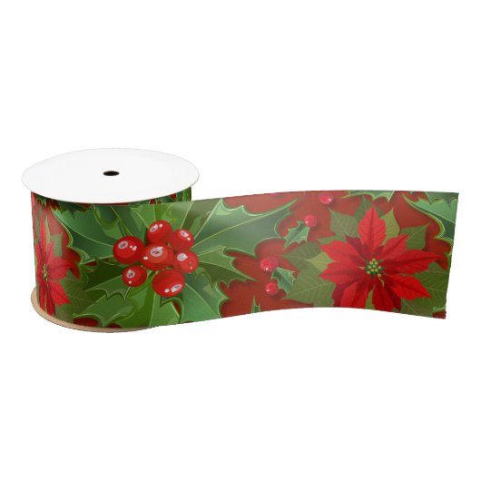 Red Poinsettia Holly Floral Pattern | Kerstmis Lint (Spoel)