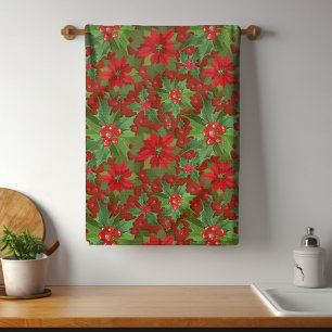 Red Poinsettia Holly Floral Pattern   Kerstmis Theedoek