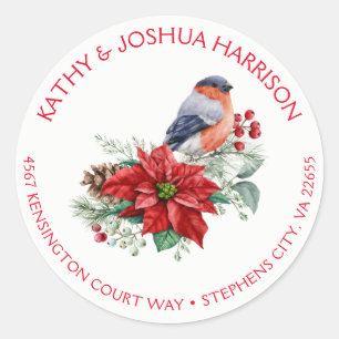 Red Poinsettia Holly Pine Berries Bird kerst Ronde Sticker