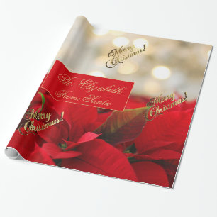 Red Poinsettia Kerstmis Floral Faux Gold Script Cadeaupapier