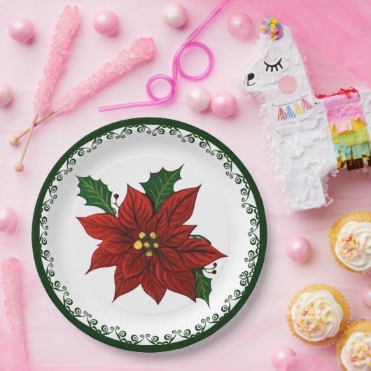 Red Poinsettia Kerstmis Floral Holiday Papieren Bordje (Feest)