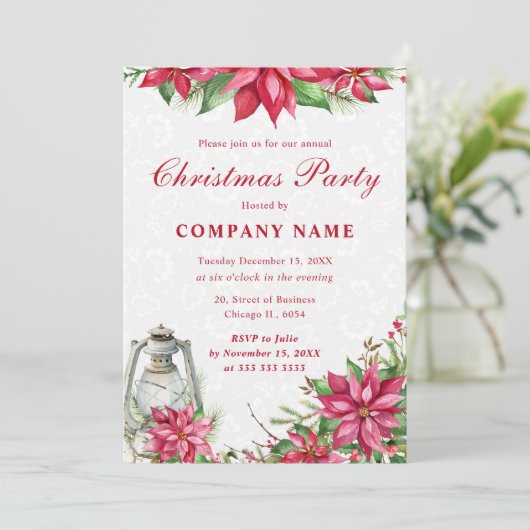 Red Poinsettia & Lantern Corporate Kerstmis Kaart (Staand voorkant)