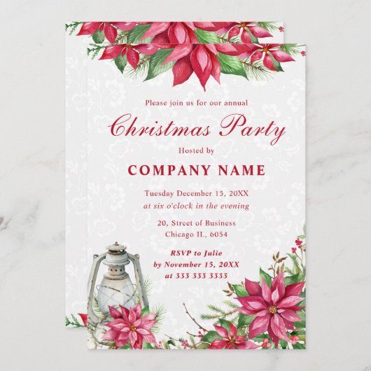 Red Poinsettia & Lantern Corporate Kerstmis Kaart (Voorkant / Achterkant)