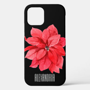 Red Poinsettia op zwarte persoonlijke naam iPhone 12 Hoesje