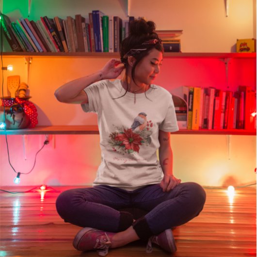 Red Poinsettia Pine Cone Bird kerst T-shirt