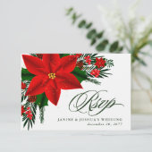 Red Poinsettia Pine Greenery kerstbruiloft RSVP Kaartje (Staand voorkant)
