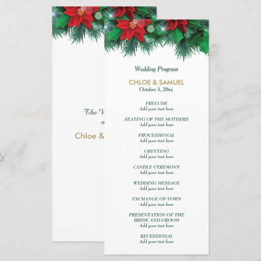 Red Poinsettia Programme de mariage frontalier (Devant / Derrière)