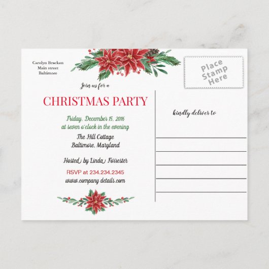 Red Poinsettia Red de datum van het kerstfeest Aankondigingskaart (Achterkant)