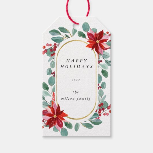 Red Poinsettia Vakantie Bloemen Monogram Cadeaulabel (Voorkant)