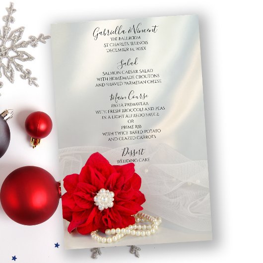 Red Poinsettia White Pearls Menu de mariage d'hive