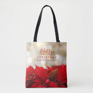 Red Poinsettias met Golden Bokeh Kerstmis Draagtas