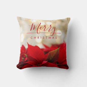 Red Poinsettias met Golden Bokeh Kerstmis Kussen