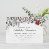 Red Poinsettias Rustic Kerstfeestdag Luncheon Kaart (Staand voorkant)