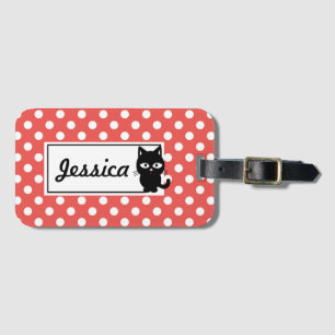 Red Polka Dot and Black Cat Personalized Bagagelabel