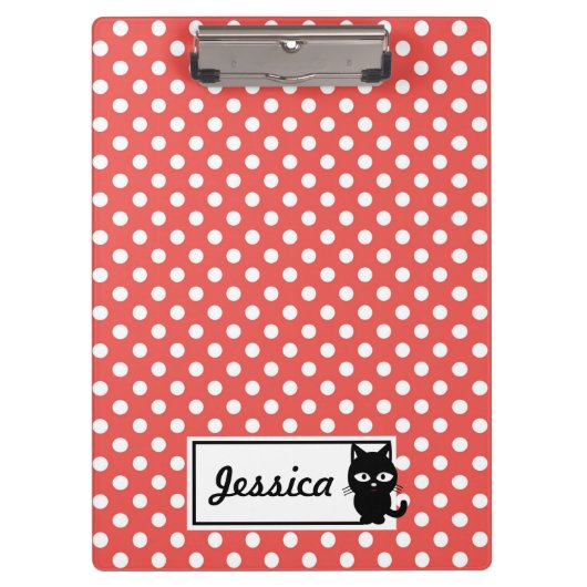 Red Polka Dot and Black Cat Personalized Klembord (Voorkant)