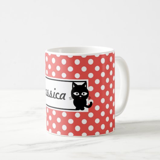 Red Polka Dot and Black Cat Personalized Koffiemok (Voorkant rechts)