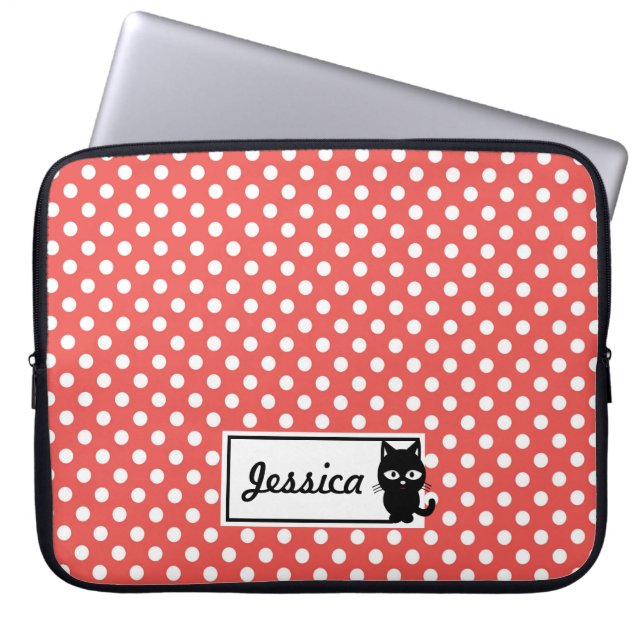 Red Polka Dot and Black Cat Personalized Laptop Sleeve (Voorkant)
