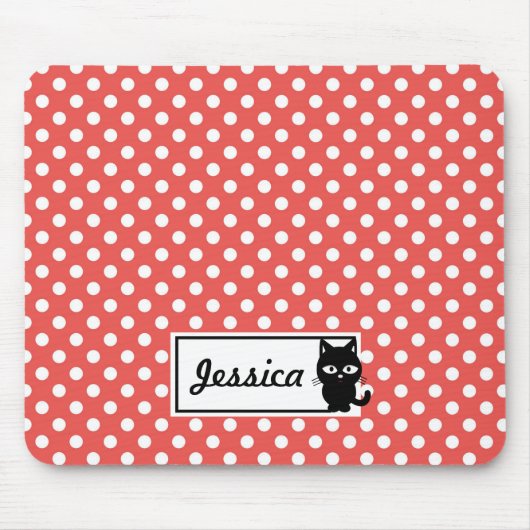 Red Polka Dot and Black Cat Personalized Muismat (Voorkant)