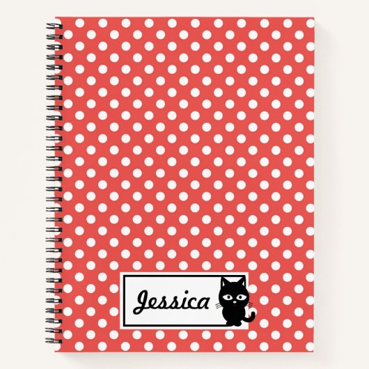 Red Polka Dot and Black Cat Personalized Notitieboek (Voorkant)