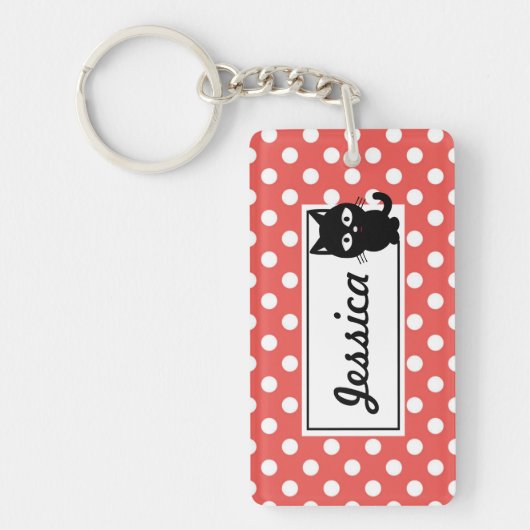 Red Polka Dot and Black Cat Personalized Sleutelhanger (Voorkant)